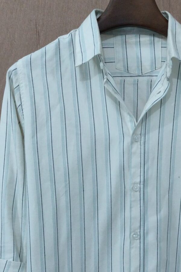 Off-White With Fine Teal Vertical Stripes - Image 3